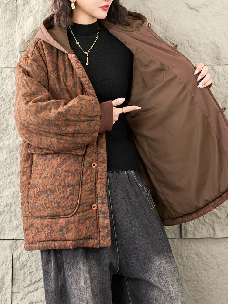 Floral Winter Warm Cotton Coats Ladies Oversized Printed Hooded Parkas Women Vintage Punk Thicken Padded Jackets