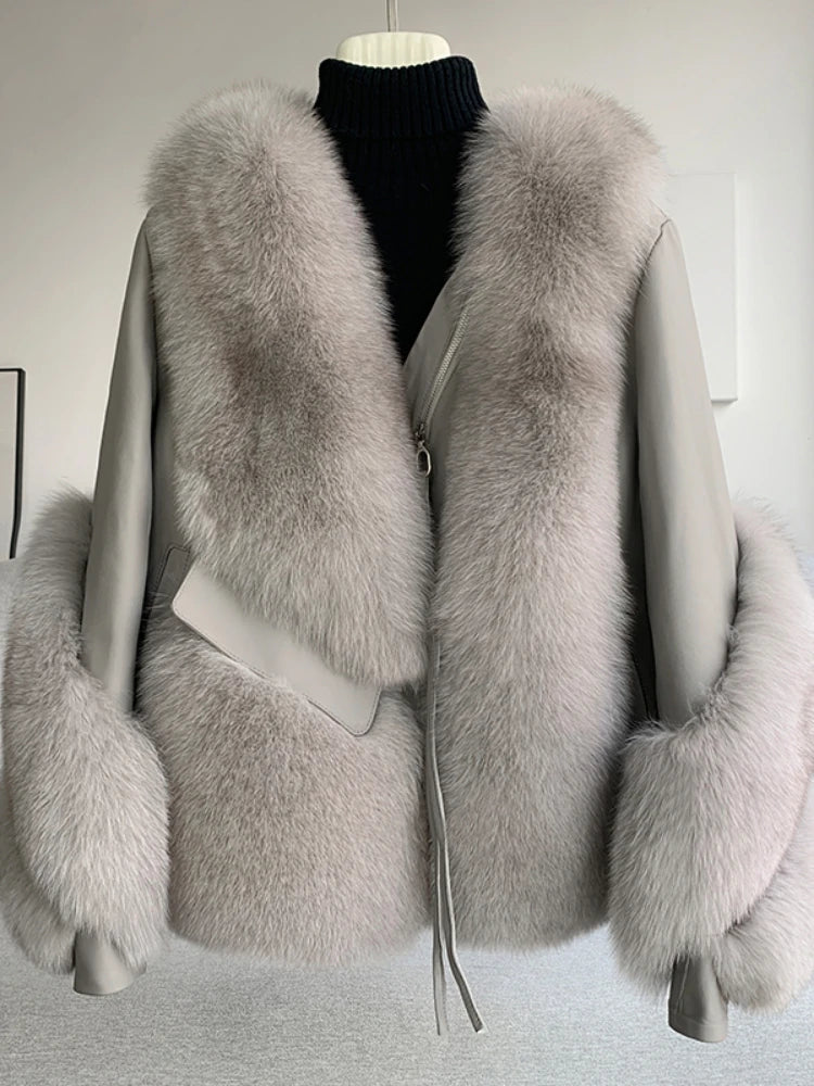 Real Fur & Genuine Leather Winter Jacket – Women’s Natural Fox Fur Outerwear