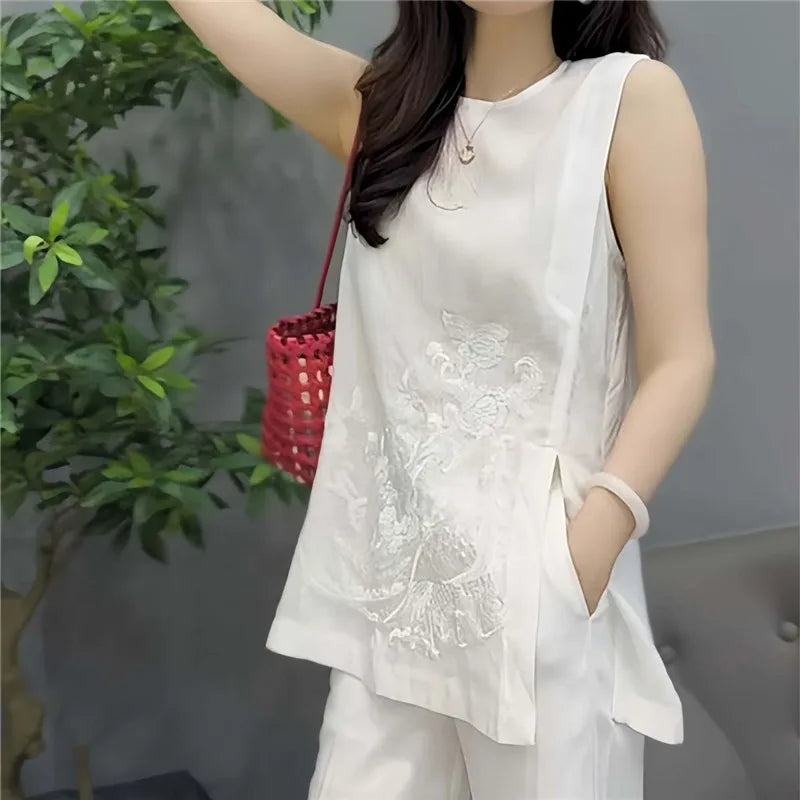 White Sleeveless Floral Embroidery Long Vest – Summer Chiffon Tank Top