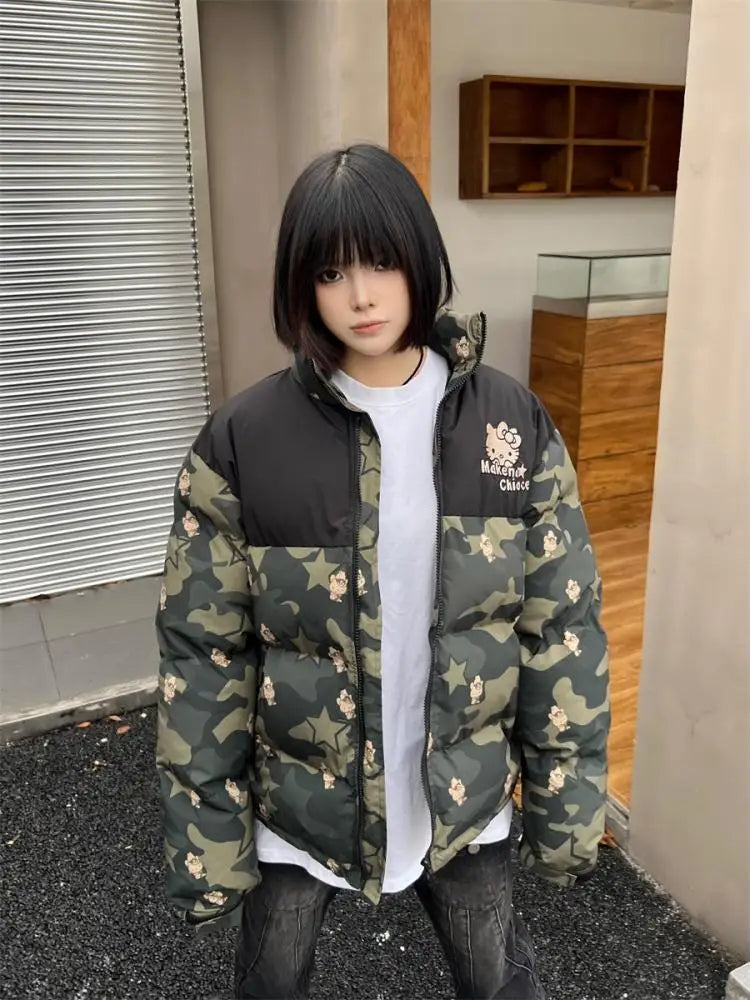 Hello Kitty Winter Women Camouflage Down Jacket Thicken Coat Sanrio Anime Kawaii Warm Cotton Clothes Tops Girl Student Loose