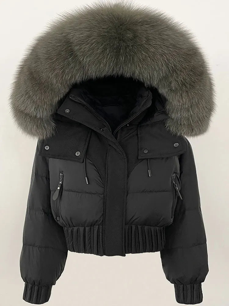 CXFS 2025 Winter Jacket Women Short Natural Real Raccoon Fox Fur Collar Hooded White Duck Down Coat Thick Warm Casual Outerwear