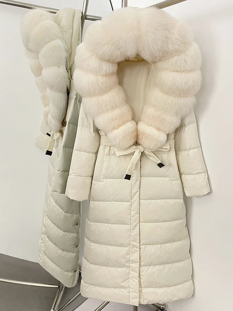 Hooded Winter White Duck Down Coat Large Real Fox Fur Collar X-Long Puffer Jacket Women Thick Female Parkas With Belt