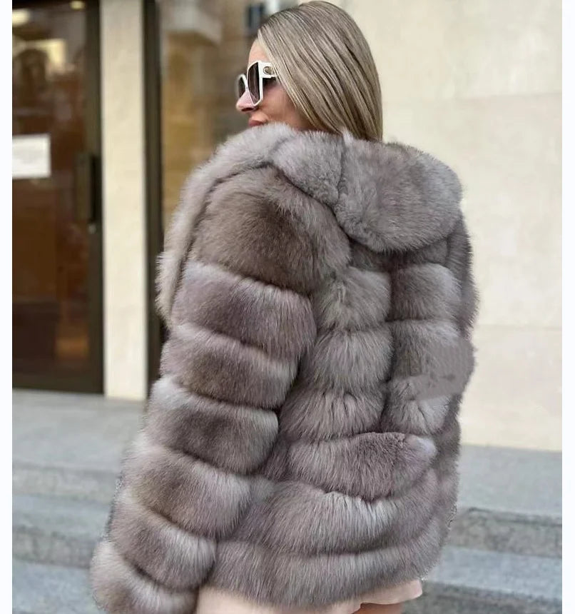 Women's Real Fox Fur Jacket with Large Lapel Detachable Sleeves Warm Stylish Winter Coat Fashionable Animal Skin Outerwear