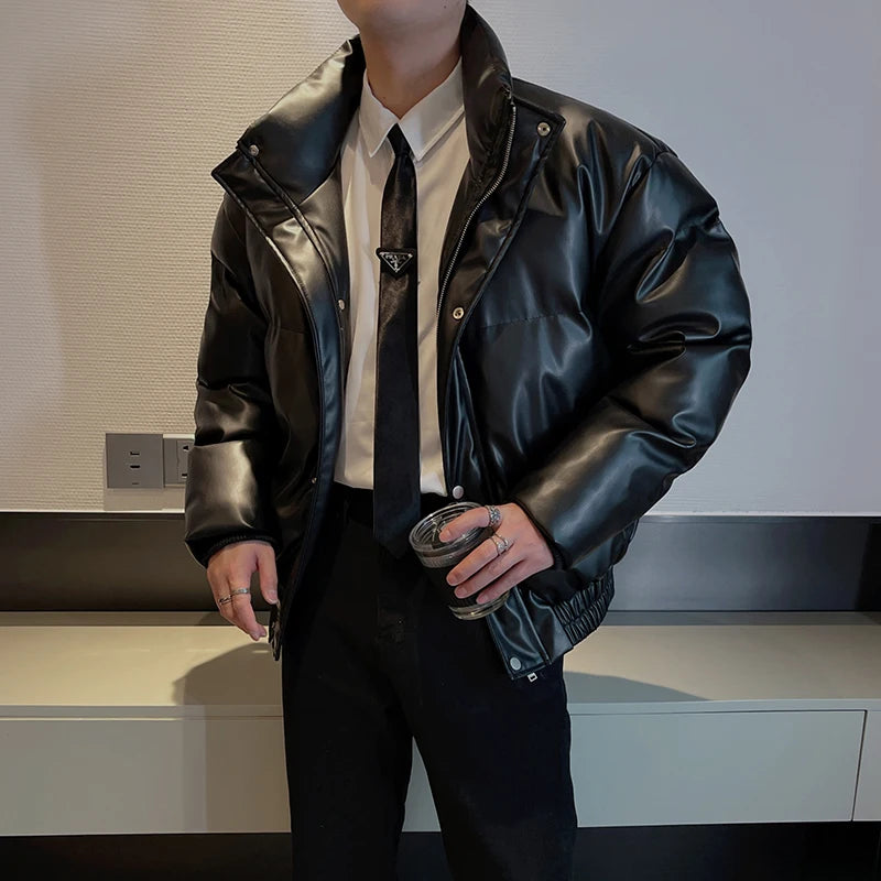High-End Leather Bread Clothes Cotton-Padded Men’s Stand Collar Jacket
