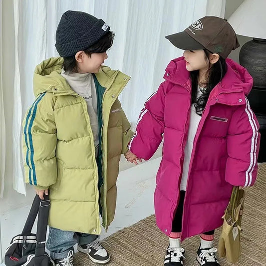 Boys Girls Cotton-Padded Coats Kids Long Down Autumn Winter Teen Cotton Clothes Outerwear Big Children Thicken Warm Jacket
