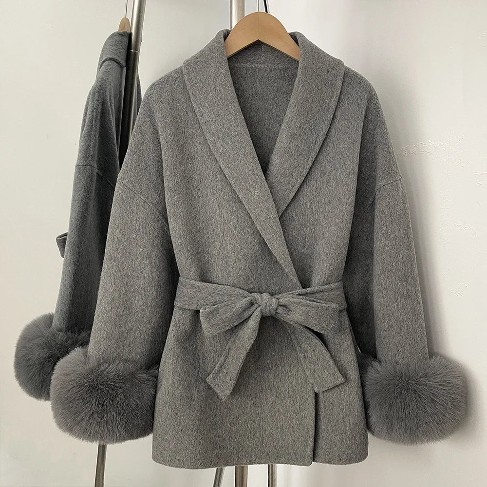 Wool Coat Faux Fur Women Overcoat Fake Fox Fur Patchwork Woolen Coat Fur Eco-friendly Lady Wool Jacket Artificial Autumn Spring
