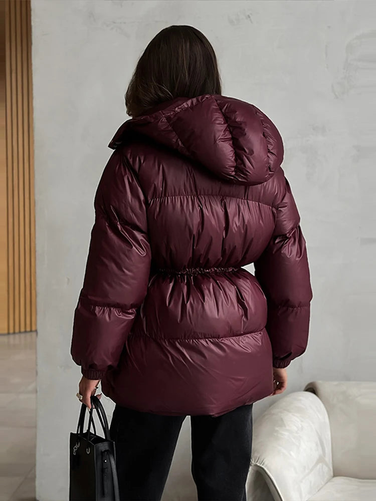 Retro Hooded Drawstring Padded Coat Women Fashion Casual Single Breasted Waist-cinching Cotton Coats Lady Winter Street Outwear