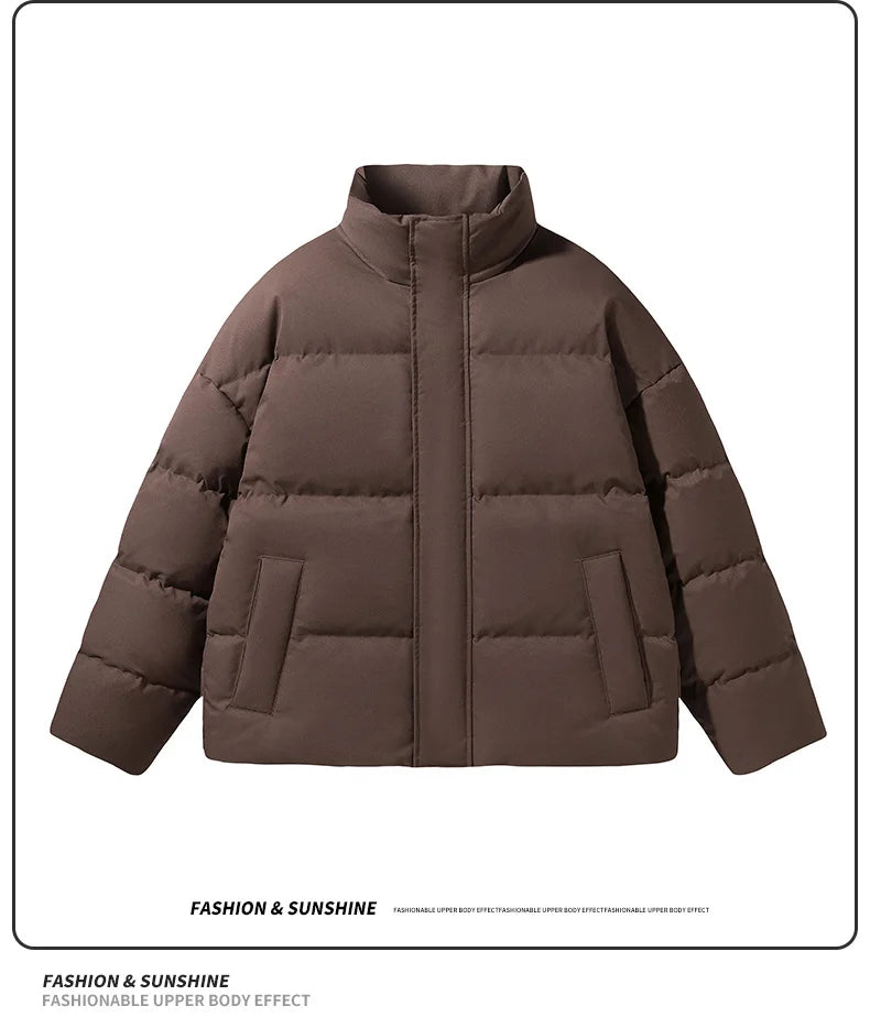 Unisex stand collar white solid color down Jacket Warm  Jackets Winter coat Loose Casual thick cotton Padded filled overCoat