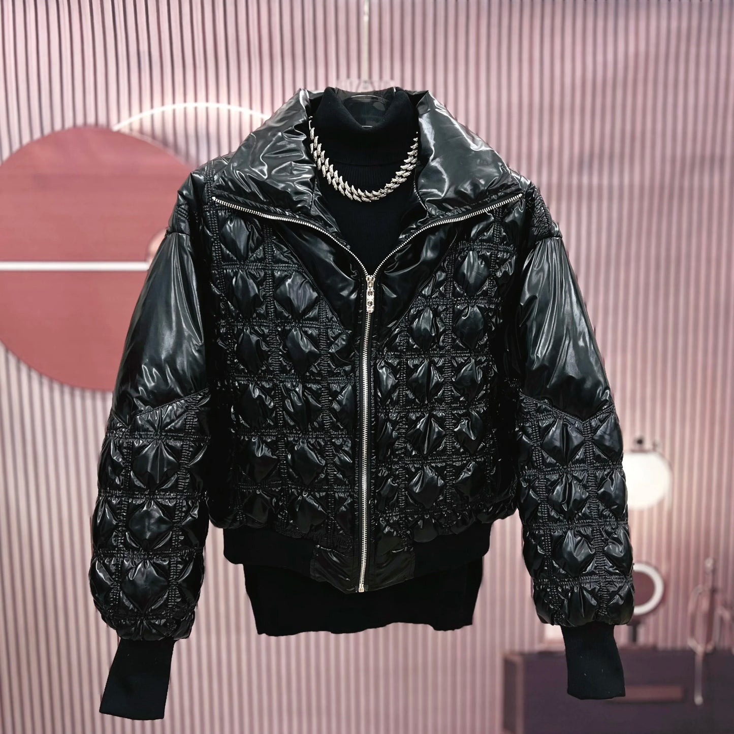 Solid Color Glossy Down Jacket for Men – Retro Rhombus Design, Thickened Winter Coat