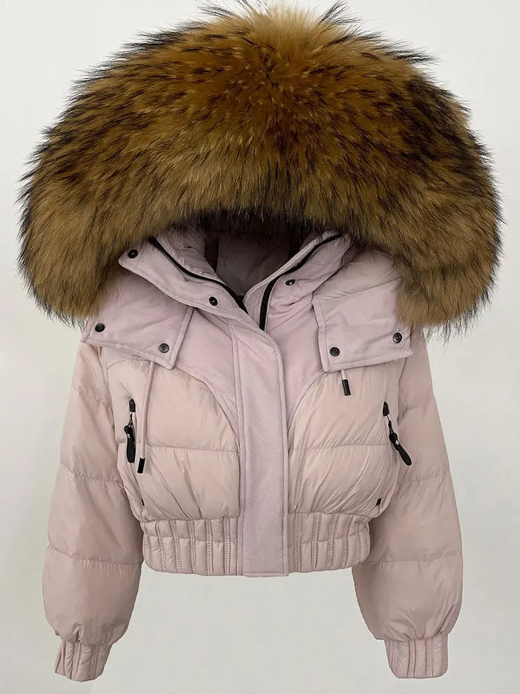 CXFS 2025 Winter Jacket Women Short Natural Real Raccoon Fox Fur Collar Hooded White Duck Down Coat Thick Warm Casual Outerwear