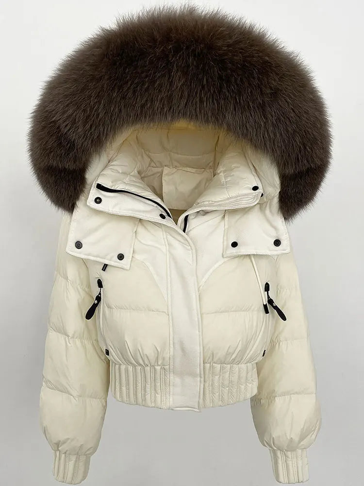 CXFS 2025 Winter Jacket Women Short Natural Real Raccoon Fox Fur Collar Hooded White Duck Down Coat Thick Warm Casual Outerwear