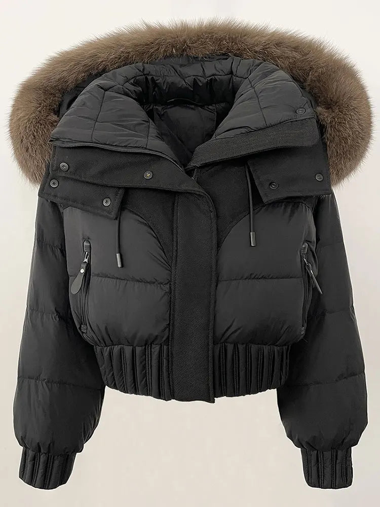 CXFS 2025 Winter Jacket Women Short Natural Real Raccoon Fox Fur Collar Hooded White Duck Down Coat Thick Warm Casual Outerwear