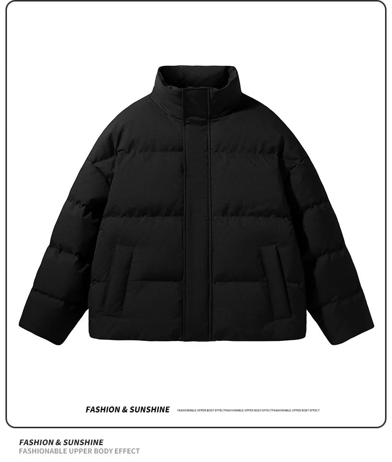 Unisex stand collar white solid color down Jacket Warm  Jackets Winter coat Loose Casual thick cotton Padded filled overCoat