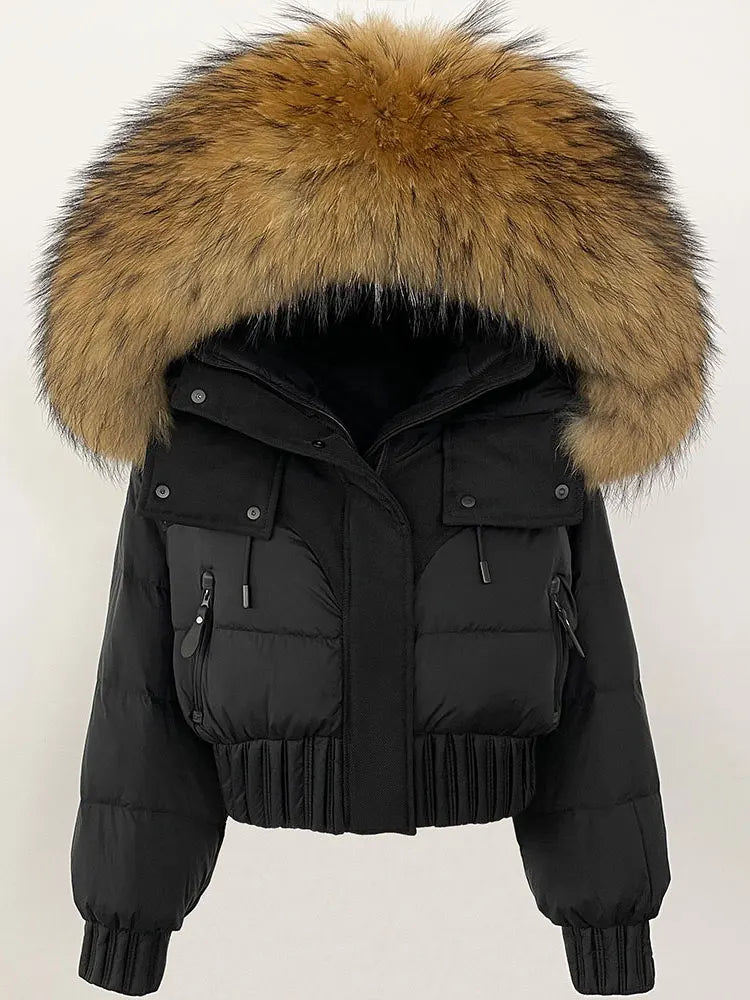 CXFS 2025 Winter Jacket Women Short Natural Real Raccoon Fox Fur Collar Hooded White Duck Down Coat Thick Warm Casual Outerwear