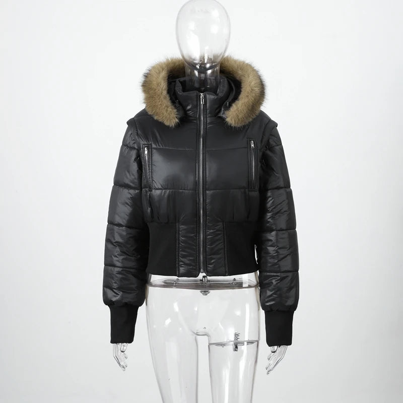 Short Down Women's Jacket Faux Fur Collar Hat Detachable Sleeves Coat Slim Warm Outwears 2025 Winter Thicken Coats