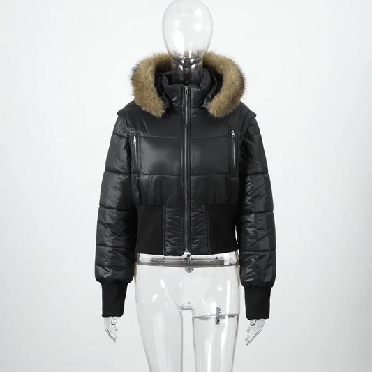 Short Down Women's Jacket Faux Fur Collar Hat Detachable Sleeves Coat Slim Warm Outwears 2025 Winter Thicken Coats
