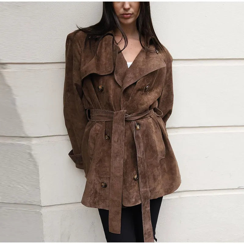 Vintage Suede Long Jackets Women Loose Lapel Double Breasted Belts Coats Female 2025 Autumn Winter Fashion Solid Thick Outwears