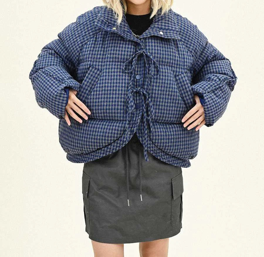 Bow Tie Plaid Short Cotton Jacket for Women in Winter Loose and Thick Cotton Padded Bread Jacket