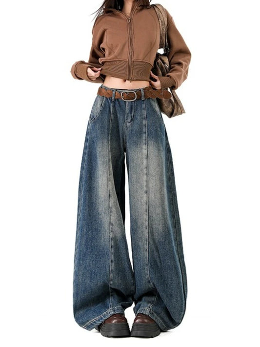 American Retro Plush Curved Knife Jeans – Autumn/Winter Wide-Leg Denim