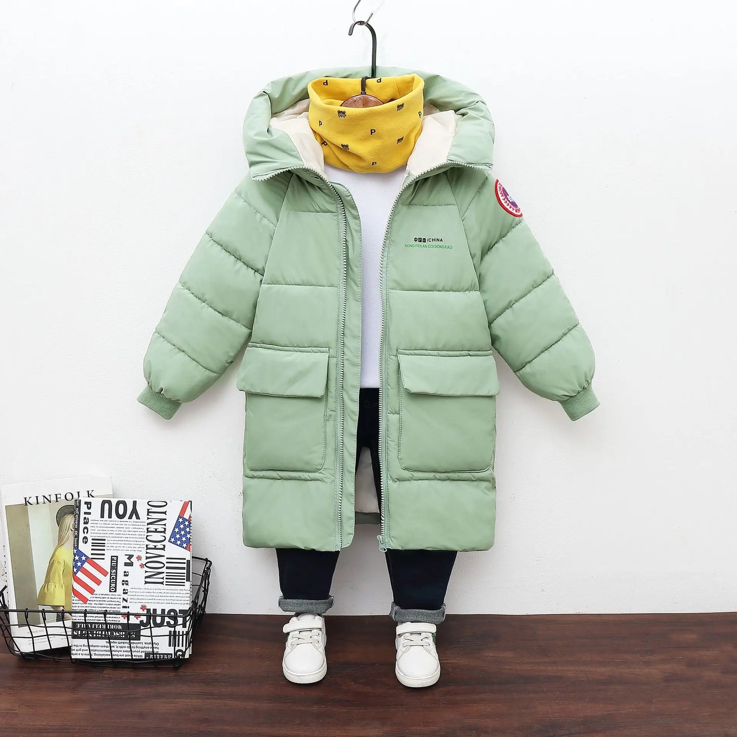Children Down Cotton Winter Jacket Baby Boys Girls Korean Version Style Medium And Long Size Hooded Coat Baby Outerwear