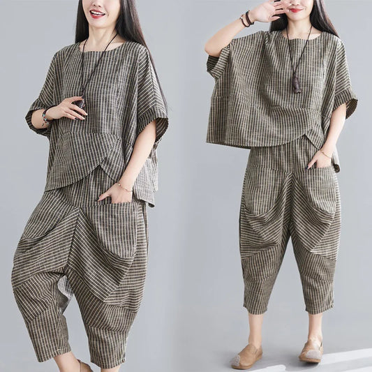 Summer Minimalist Stripe Batwing Top & High-Waist Cropped Pants Set – Casual Comfort for Women