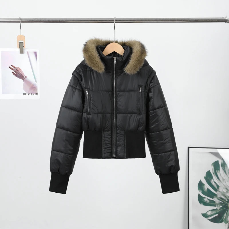 Short Down Women's Jacket Faux Fur Collar Hat Detachable Sleeves Coat Slim Warm Outwears 2025 Winter Thicken Coats