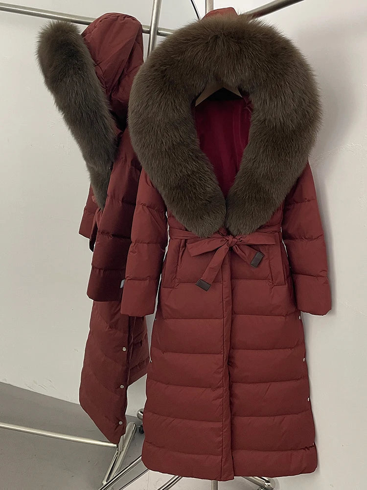 Hooded Winter White Duck Down Coat Large Real Fox Fur Collar X-Long Puffer Jacket Women Thick Female Parkas With Belt
