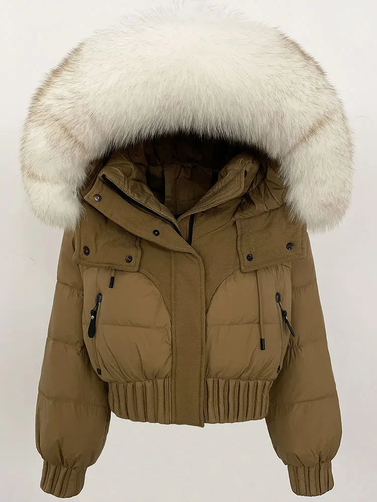 CXFS 2025 Winter Jacket Women Short Natural Real Raccoon Fox Fur Collar Hooded White Duck Down Coat Thick Warm Casual Outerwear