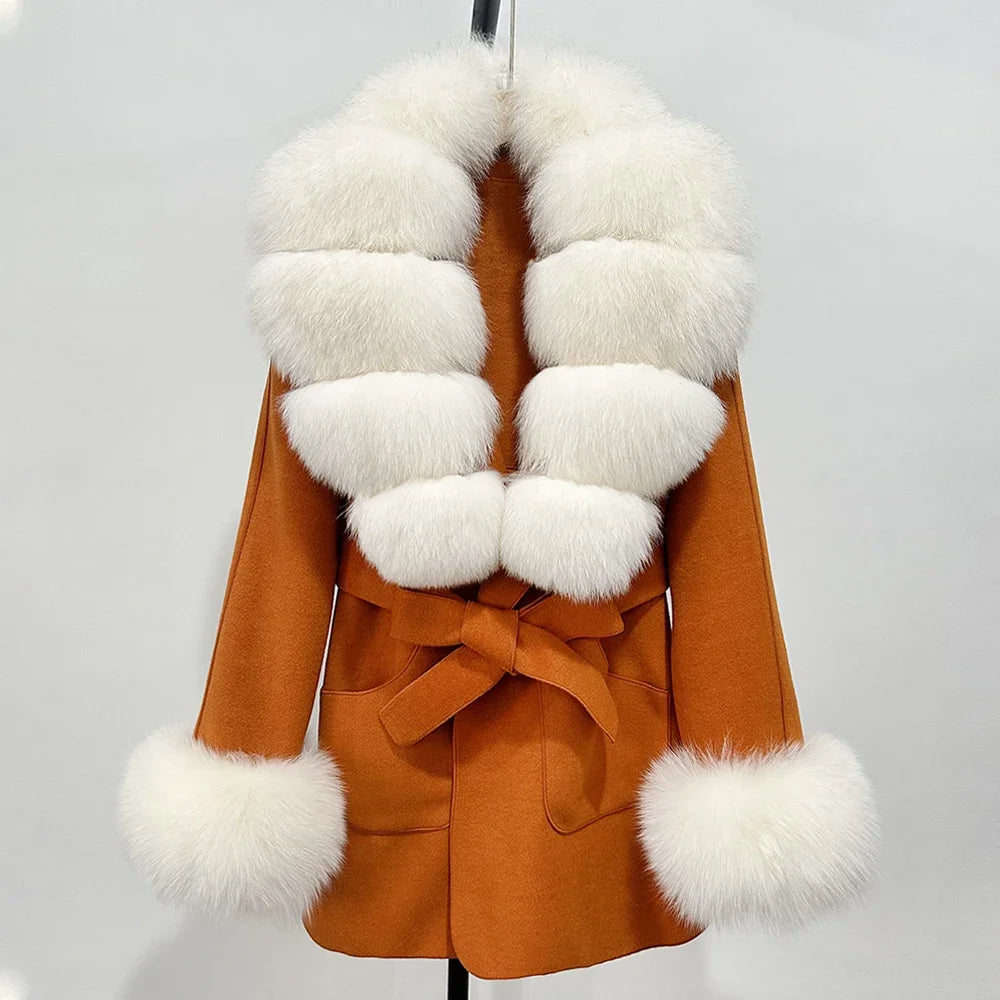 Fur Coat Natural Fur Collar Real Fox Fur Overcoat Female 2025 Autumn Winter Wool Coat Women Clothes Cuffs Woolen Jacket