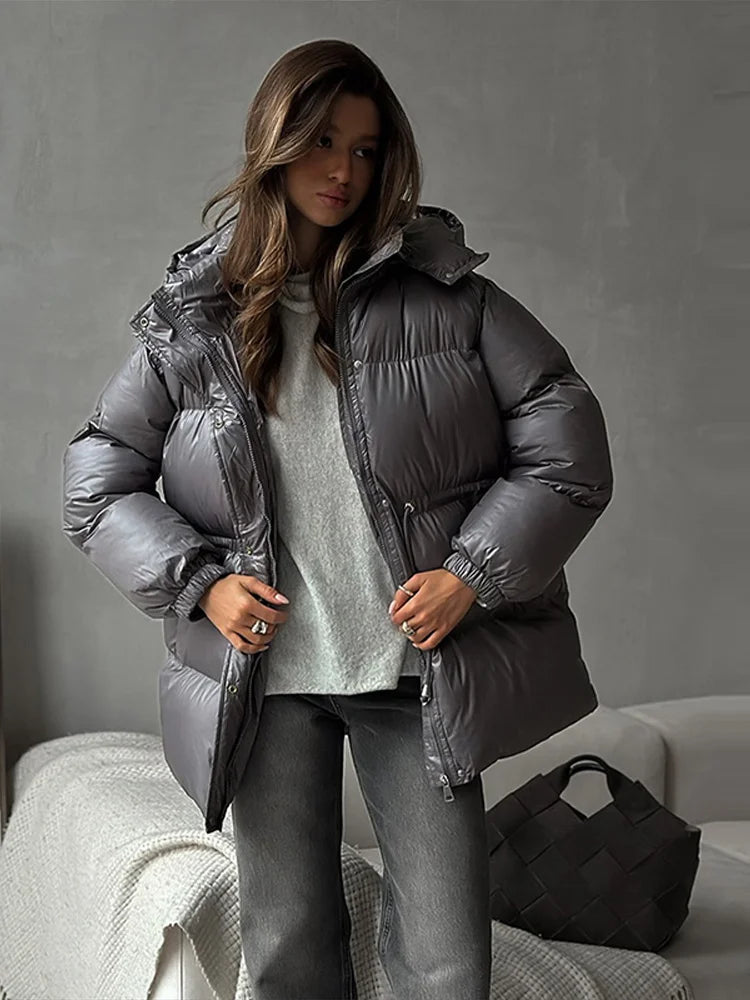 Retro Hooded Drawstring Padded Coat Women Fashion Casual Single Breasted Waist-cinching Cotton Coats Lady Winter Street Outwear