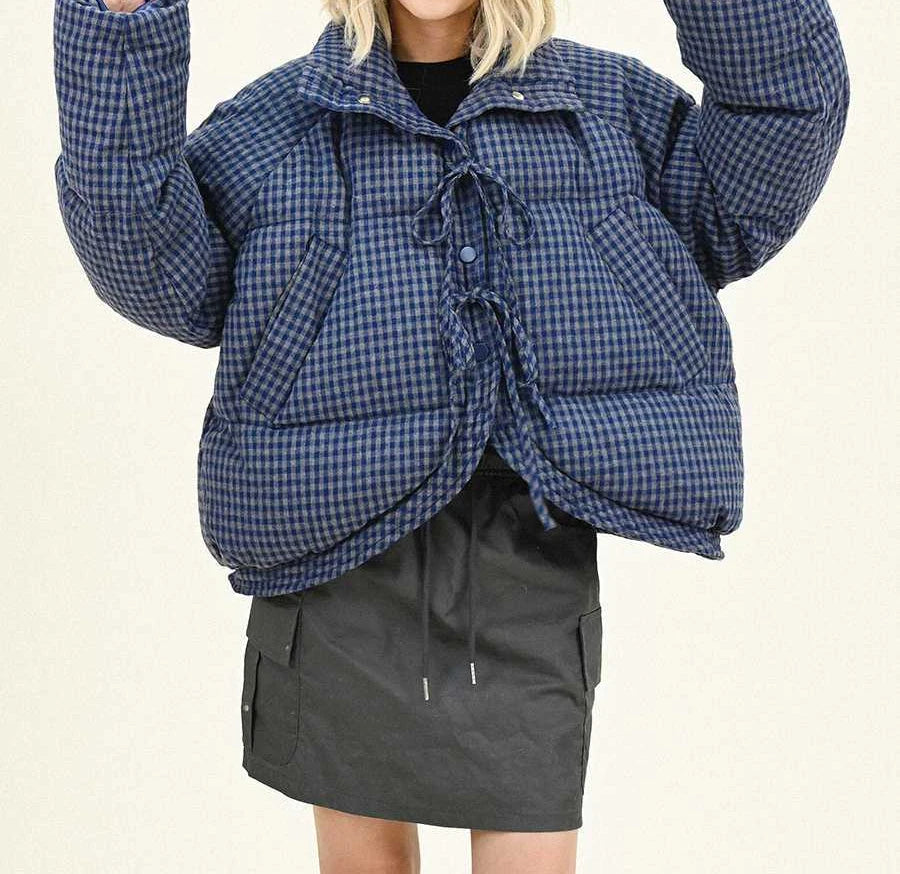 Bow Tie Plaid Short Cotton Jacket for Women in Winter Loose and Thick Cotton Padded Bread Jacket