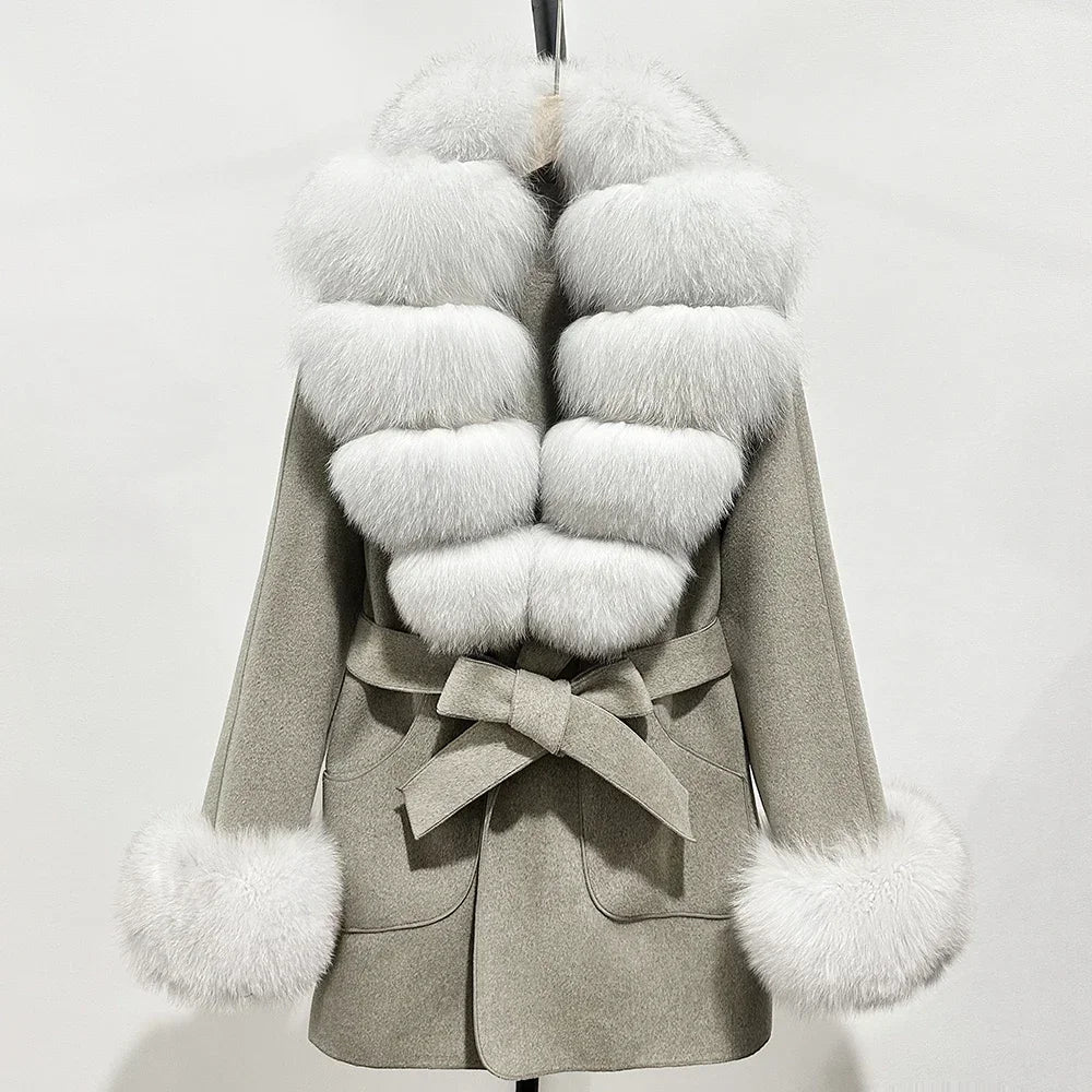 Fur Coat Natural Fur Collar Real Fox Fur Overcoat Female 2025 Autumn Winter Wool Coat Women Clothes Cuffs Woolen Jacket