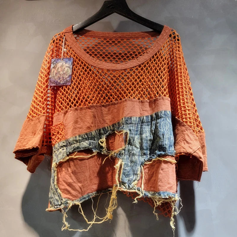 DEAT Fashion Women's Two-pieces Set Hollow Out Mesh Splicing Short Sleeve T-shirt Denim Fake Two Piece Pants Female 11A05416