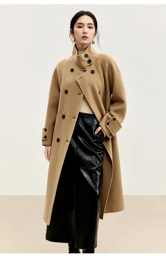 Korean Style 100% Wool Coats for Women 2024 Winter Oversize Warm Double Breasted Stand Neck Belted Outerwear W44O56385