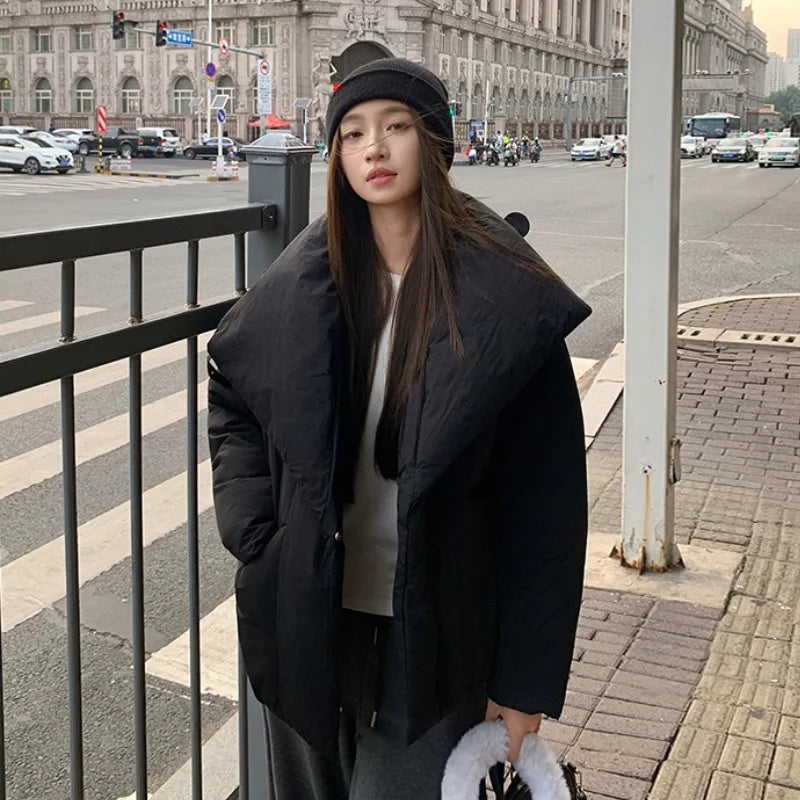 Women's Winter Lapel Puffer Jacket Loose Y2K Fashion Down Cotton Coat Woman Solid Color Casual Windproof Warm Cropped Parkas