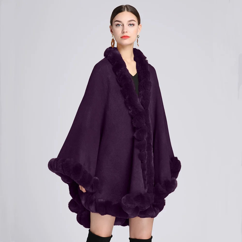 Fashion Handcraft Full Trim Faux Rex Rabbit Fur Cape Coat Loose Knit Cashmere Cloak Shawl Women Fall Winter New Pallium Outwear