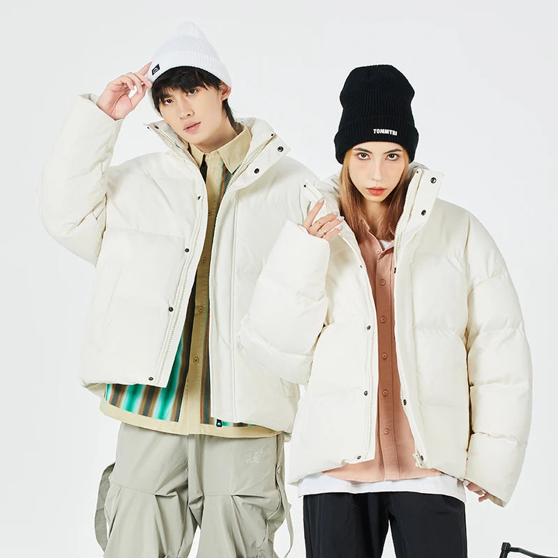 Unisex stand collar white solid color down Jacket Warm  Jackets Winter coat Loose Casual thick cotton Padded filled overCoat