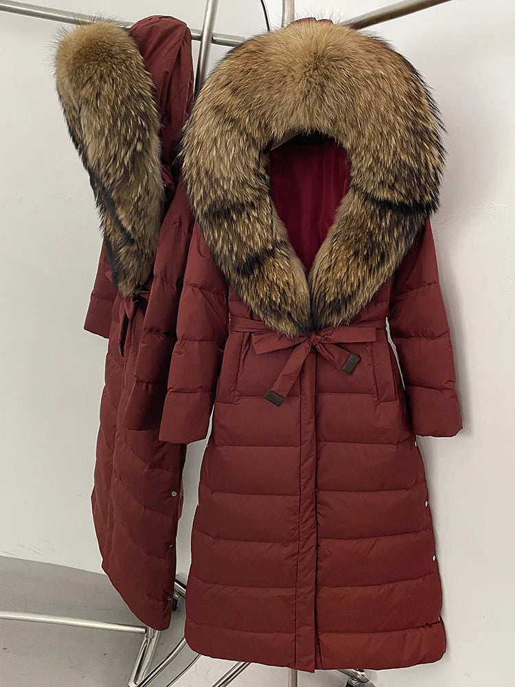 Hooded Winter White Duck Down Coat Large Real Fox Fur Collar X-Long Puffer Jacket Women Thick Female Parkas With Belt