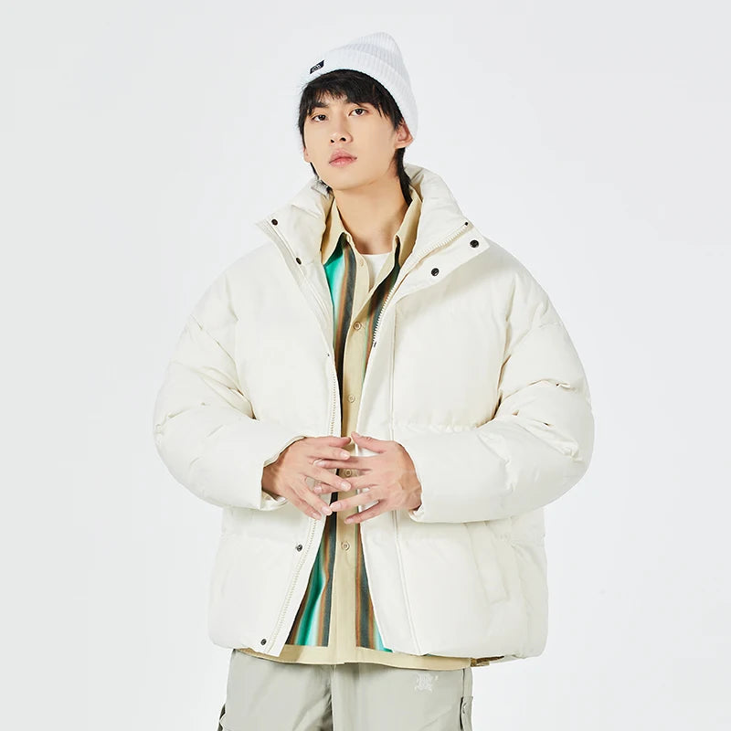 Unisex stand collar white solid color down Jacket Warm  Jackets Winter coat Loose Casual thick cotton Padded filled overCoat