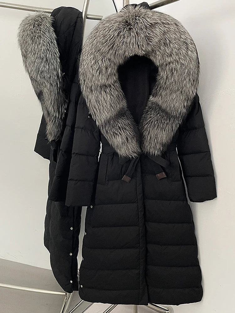 Hooded Winter White Duck Down Coat Large Real Fox Fur Collar X-Long Puffer Jacket Women Thick Female Parkas With Belt