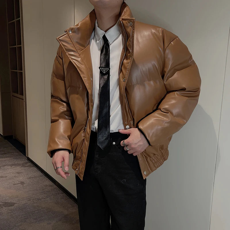 High-End Leather Bread Clothes Cotton-Padded Men’s Stand Collar Jacket