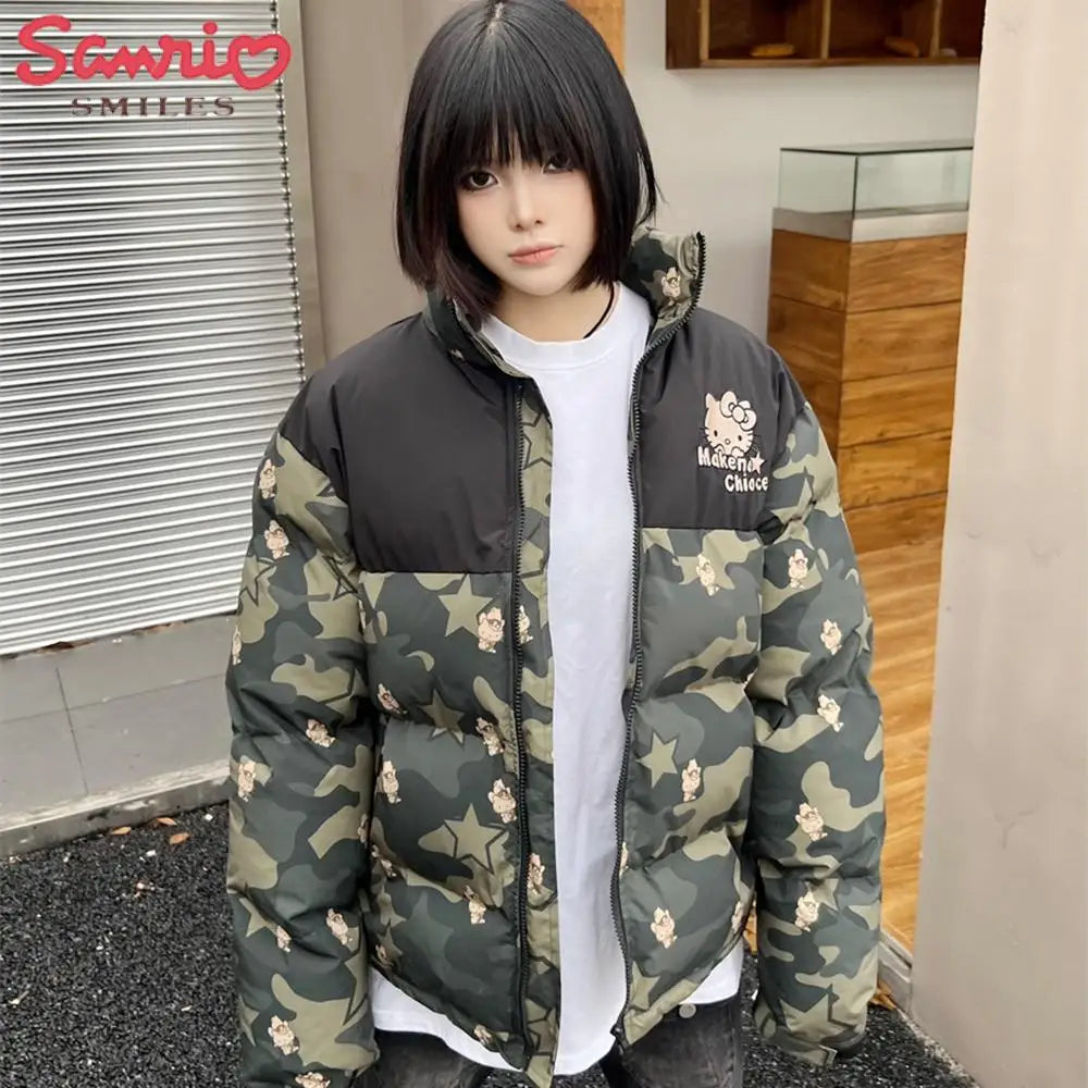 Hello Kitty Winter Women Camouflage Down Jacket Thicken Coat Sanrio Anime Kawaii Warm Cotton Clothes Tops Girl Student Loose