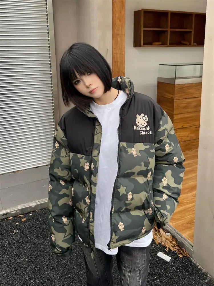 Hello Kitty Winter Women Camouflage Down Jacket Thicken Coat Sanrio Anime Kawaii Warm Cotton Clothes Tops Girl Student Loose