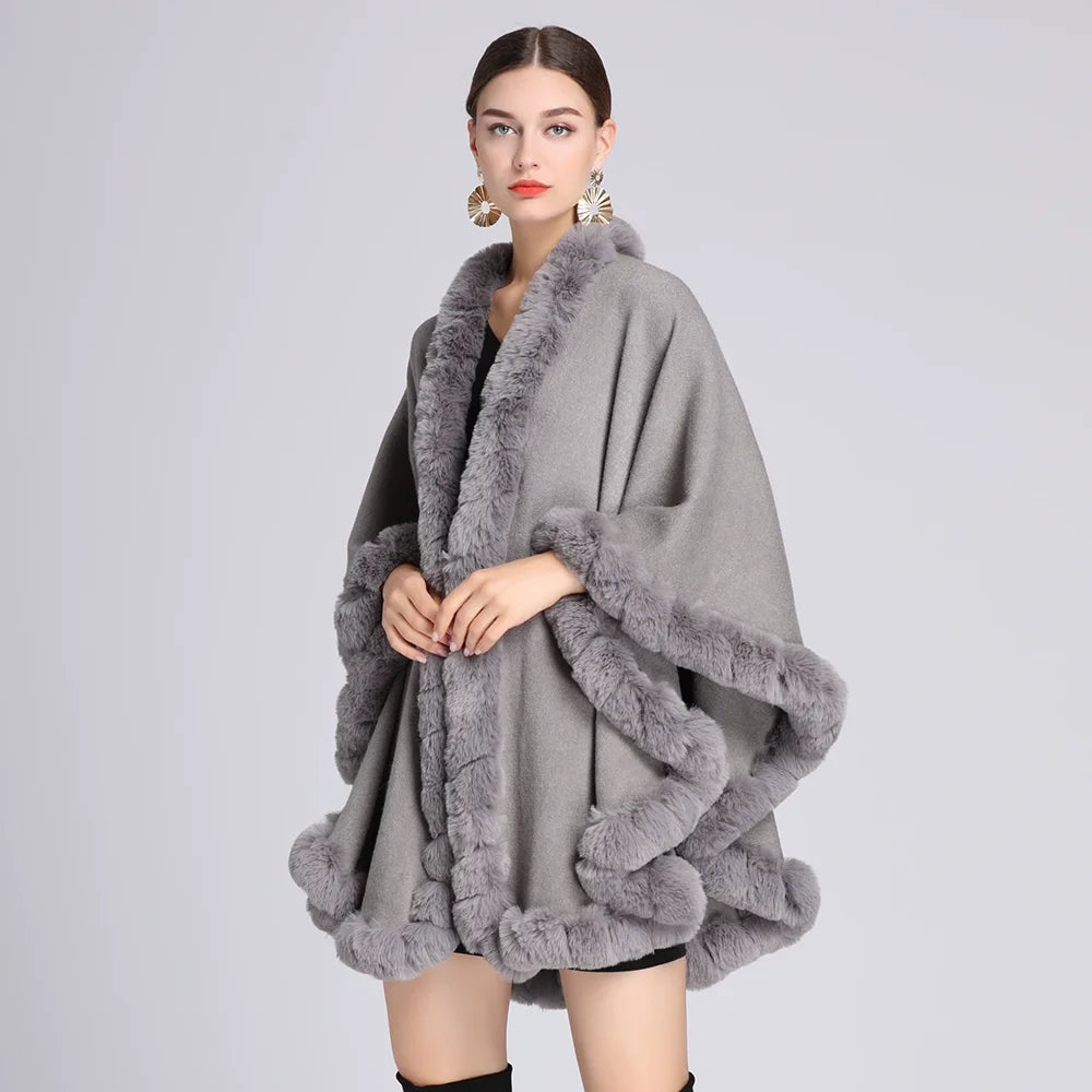 Fashion Handcraft Full Trim Faux Rex Rabbit Fur Cape Coat Loose Knit Cashmere Cloak Shawl Women Fall Winter New Pallium Outwear