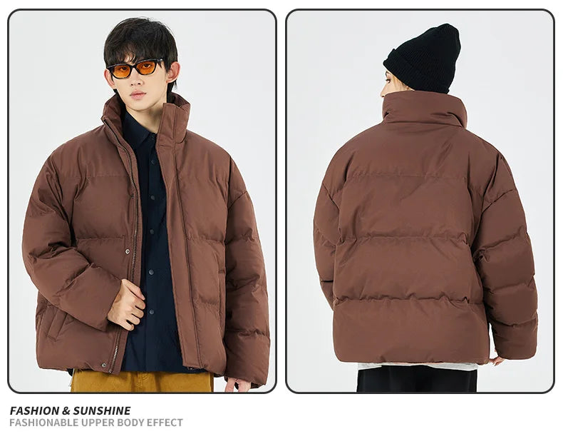 Unisex stand collar white solid color down Jacket Warm  Jackets Winter coat Loose Casual thick cotton Padded filled overCoat