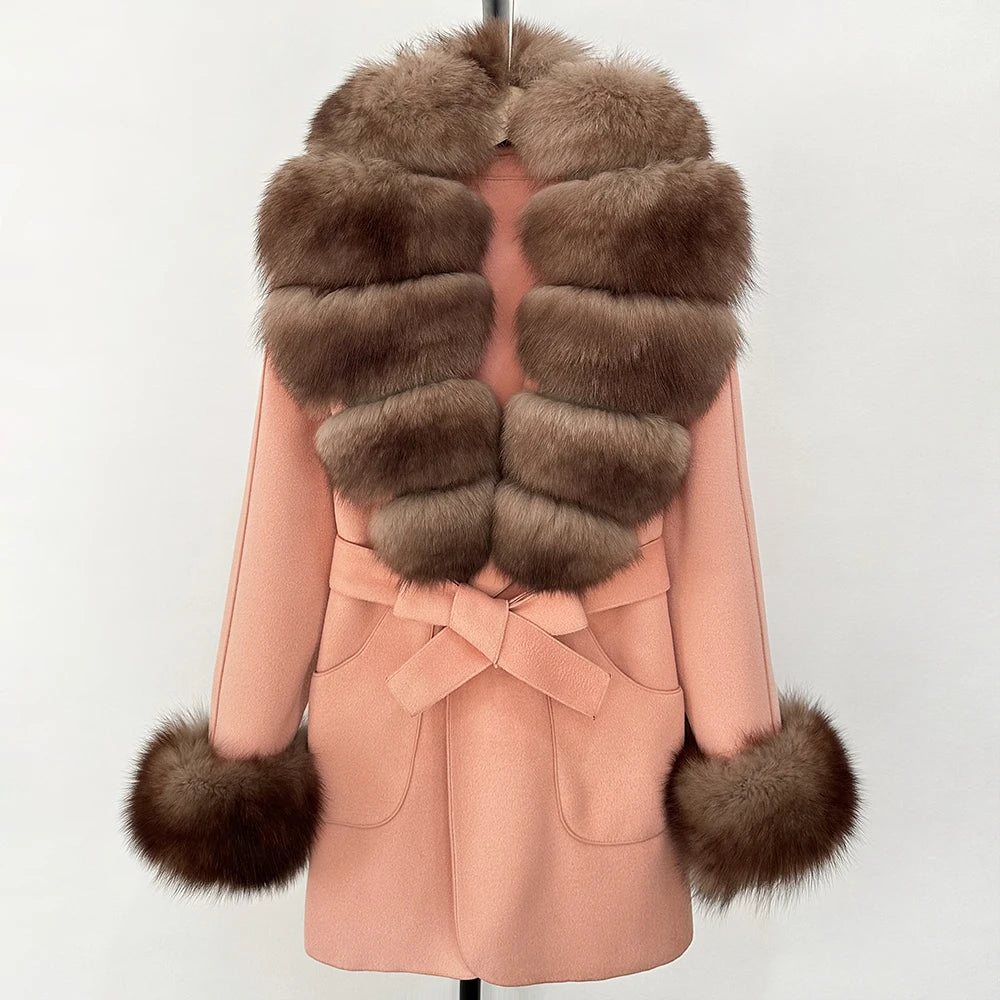 Fur Coat Natural Fur Collar Real Fox Fur Overcoat Female 2025 Autumn Winter Wool Coat Women Clothes Cuffs Woolen Jacket