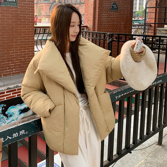 Women's Winter Lapel Puffer Jacket Loose Y2K Fashion Down Cotton Coat Woman Solid Color Casual Windproof Warm Cropped Parkas