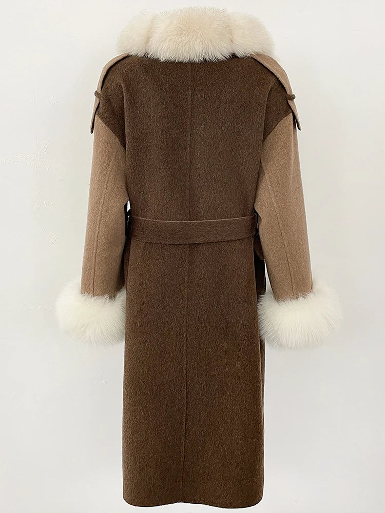 OFTBUT New Winter Clothing Women Natural Fox Fur Cashmere double-faced Woolen Jacket Long Single-breasted Belt Wool Coat Female