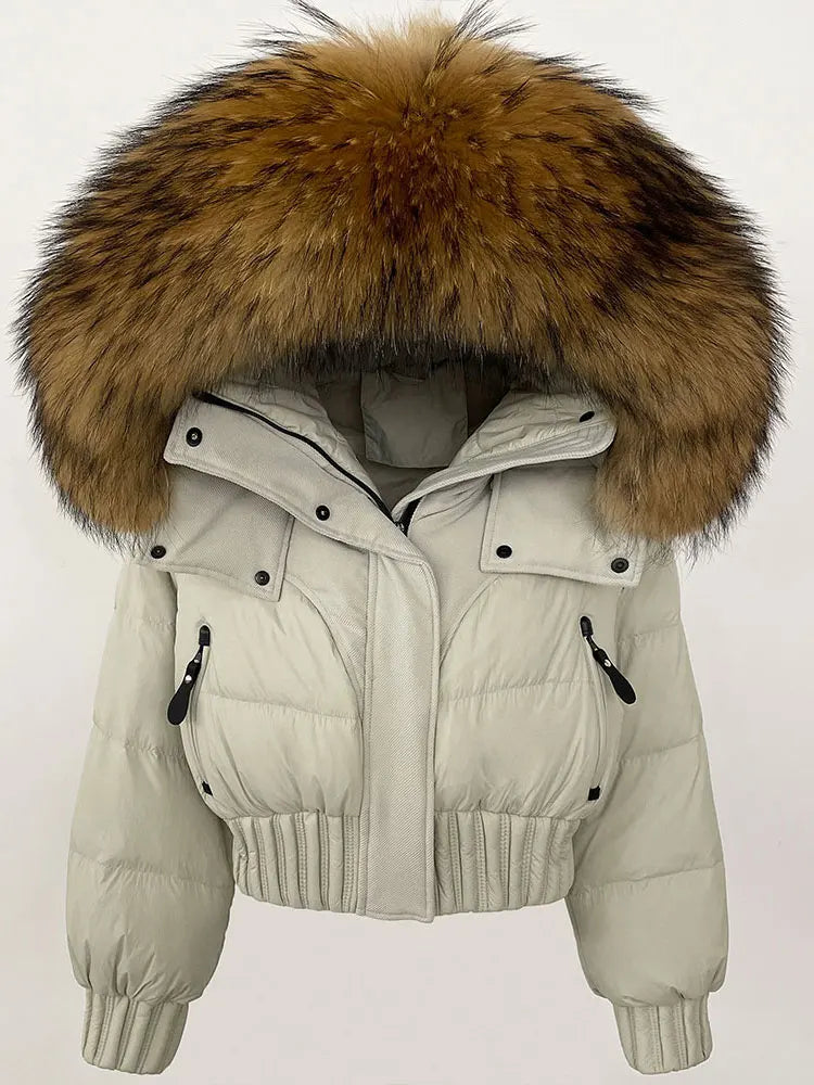 CXFS 2025 Winter Jacket Women Short Natural Real Raccoon Fox Fur Collar Hooded White Duck Down Coat Thick Warm Casual Outerwear