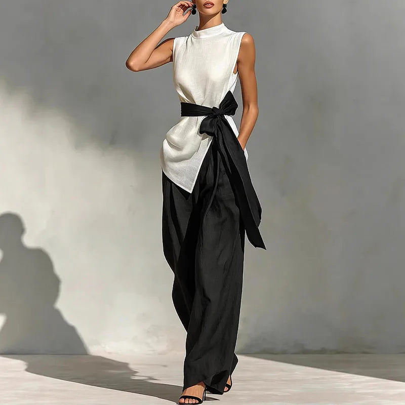 Elegant Contrast Bowknot 2-Piece Set